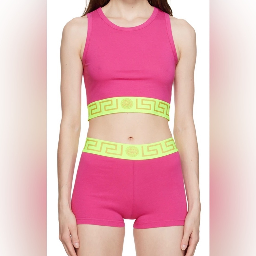 Brand New Versace Underwear. Pink & Green Greca Border Tank Top & Briefs